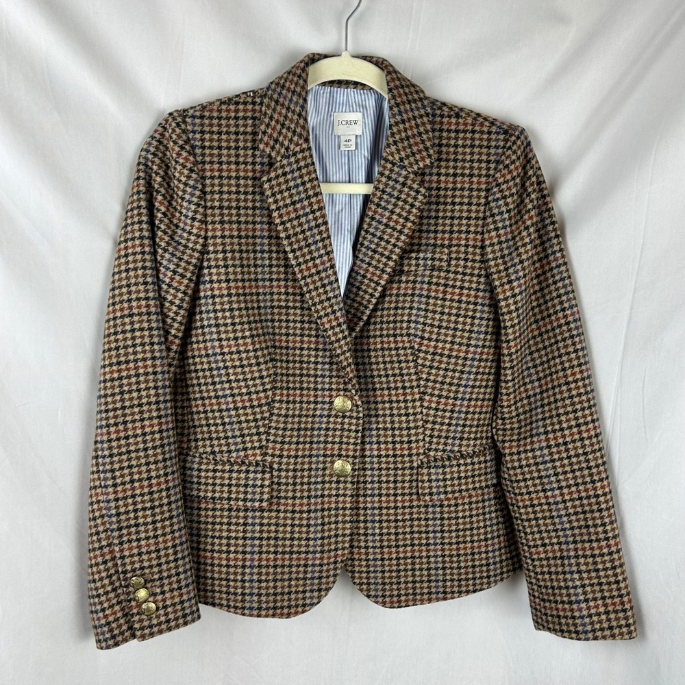 J.Crew Factory Schoolboy Blazer Brown Houndstooth Wool Gold Button Petite 4 NWOT - Picture 2 of 9